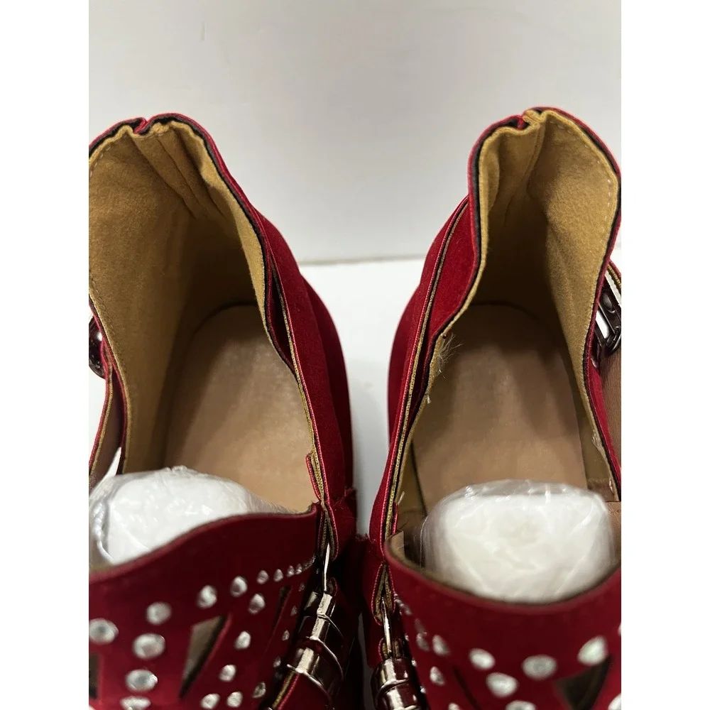 Red Faux Suede Ankle Boots Silver Accents Buckles New Without Tags Women's 7.5/8
